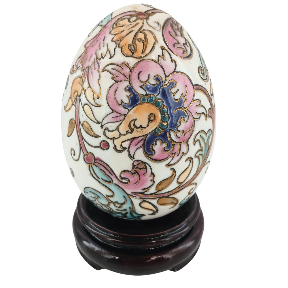 Vintage Decorative Ceramic Egg Asian Floral Motif Hand Painted on Wood Stand